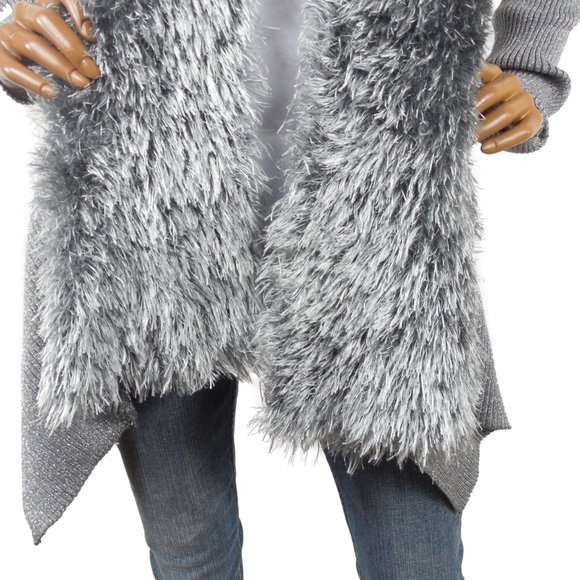 LAUREN MICHELE Top L Cardigan Sweater Silver Gray Metallic Faux Fur Stretch Knit - Picture 6 of 11